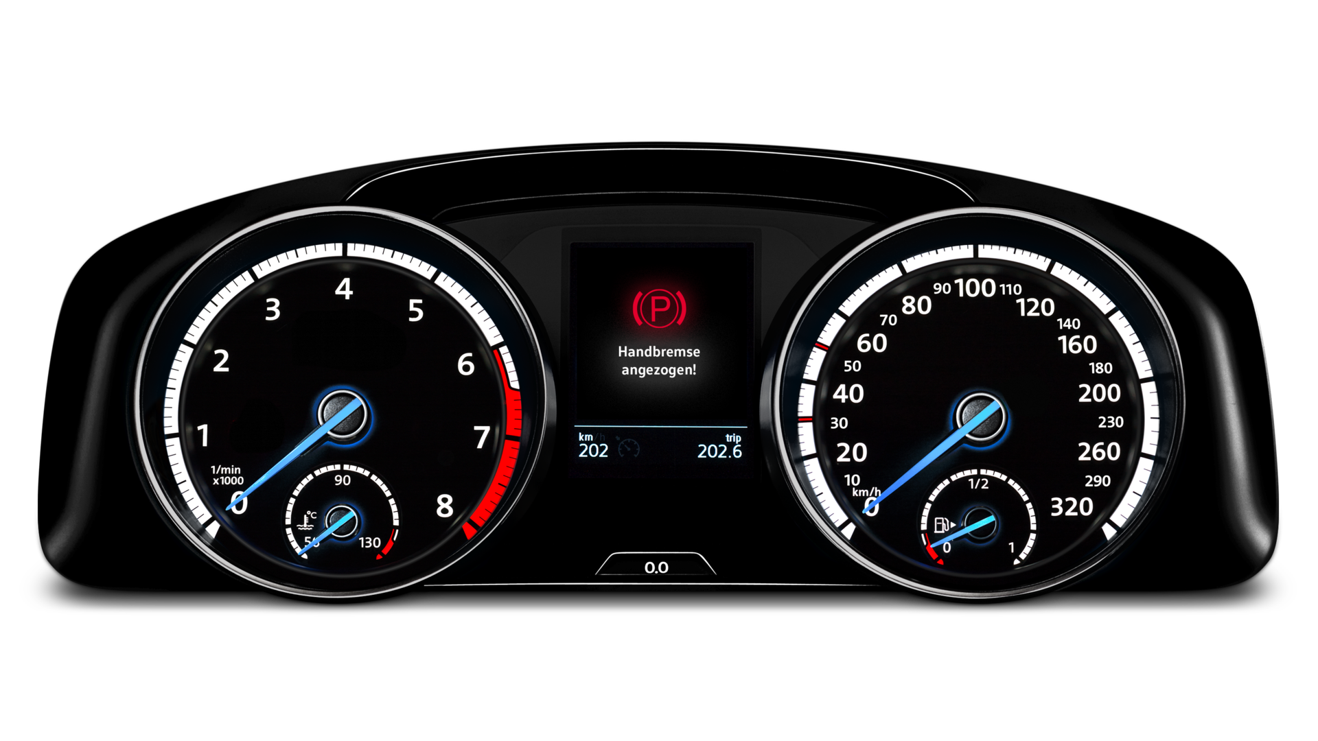 Auf dem Display eines VW wird der Hinweis "Handbremse angezogen" angezeigt.