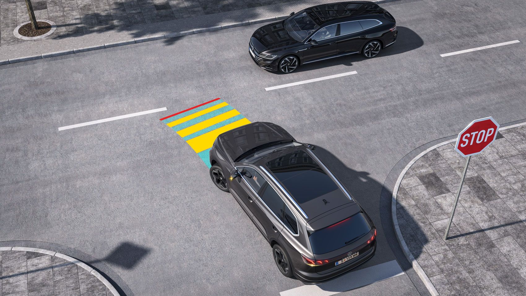 Grafik zeigt, wie der Kreuzungsassistent im VW Touareg funktioniert. 