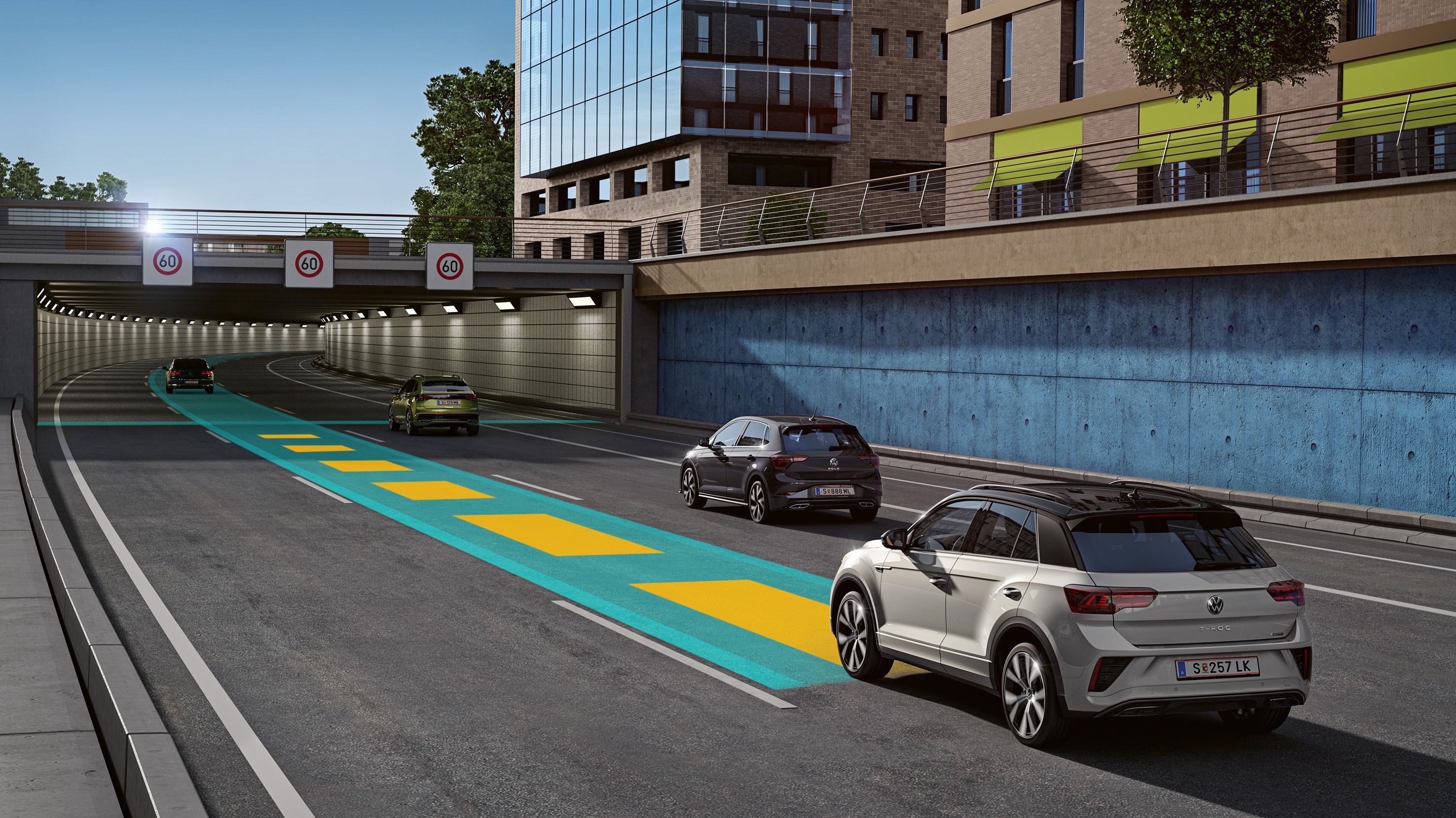 Grafik zeigt, wie der Travel Assist im T-Roc funktioniert.