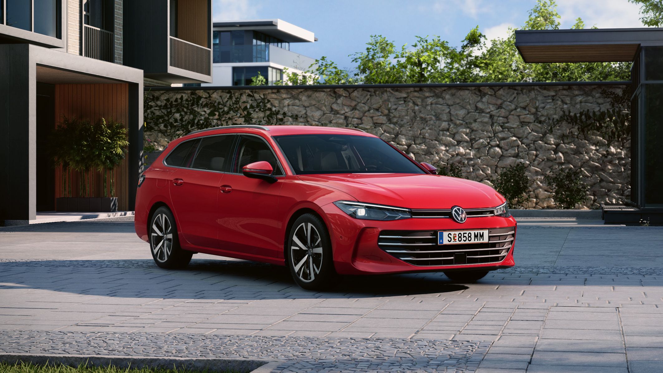 Frontansicht eines roten VW Passat B9 in der Ausstattungslinie Business